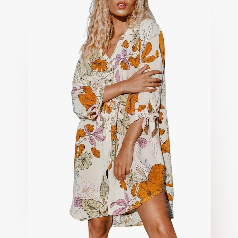 Cupshe Floral Tie-Front Swim Coverup in Cream, Orange & Pink